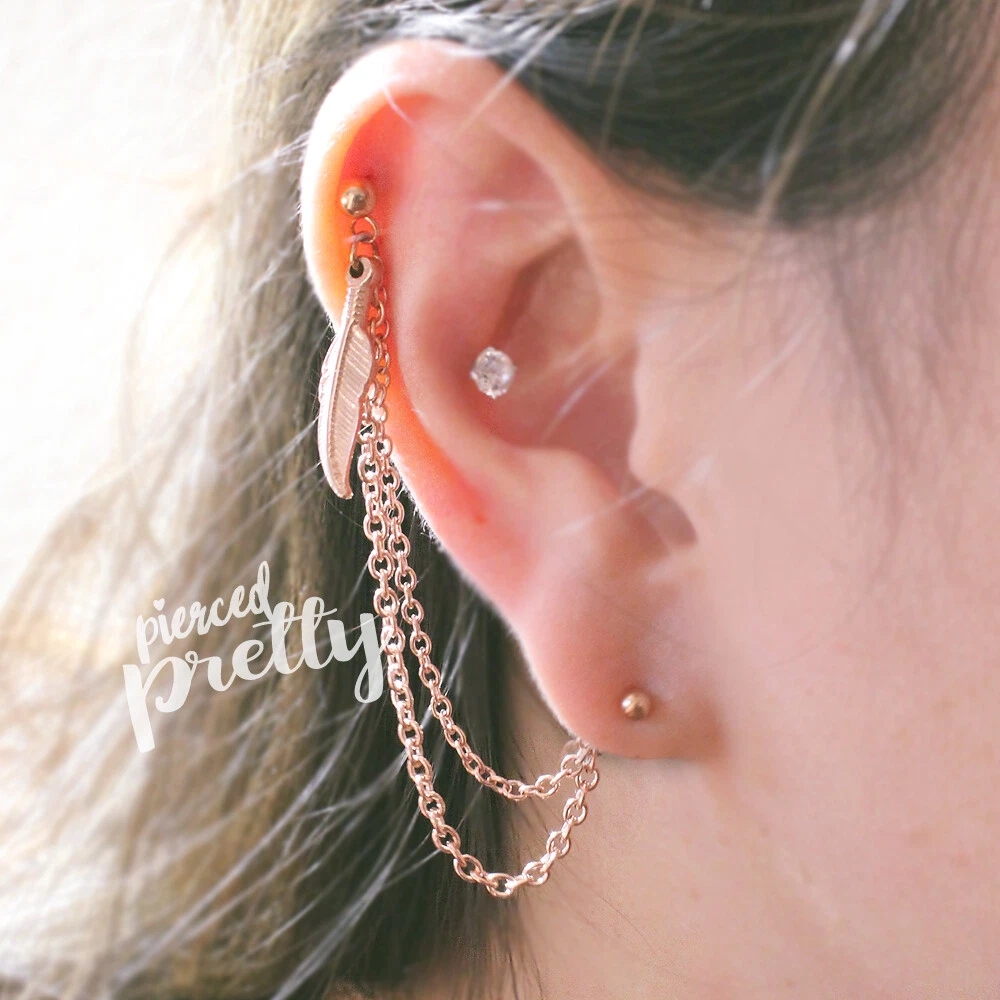 20g, 16g Dainty thin double chain helix ear hoop Flat back chain cartilage  earring 316l surgical steel Rose gold conch, labret bar, 1pc - Pierced  Pretty