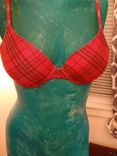 PINK Victoria's Secret 34B Underwire T-Shirt Bra Red Plaid Logo Straps