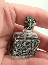 Flacon Vide Parfum Ancien Verre et Métal Décor Floral Art Nouveau France