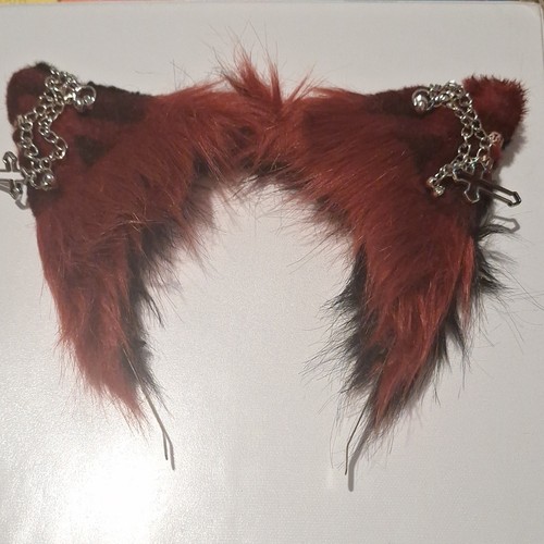 Red Black Faux Fur Animal Ears with Chains and Cross Furry One Size Therian