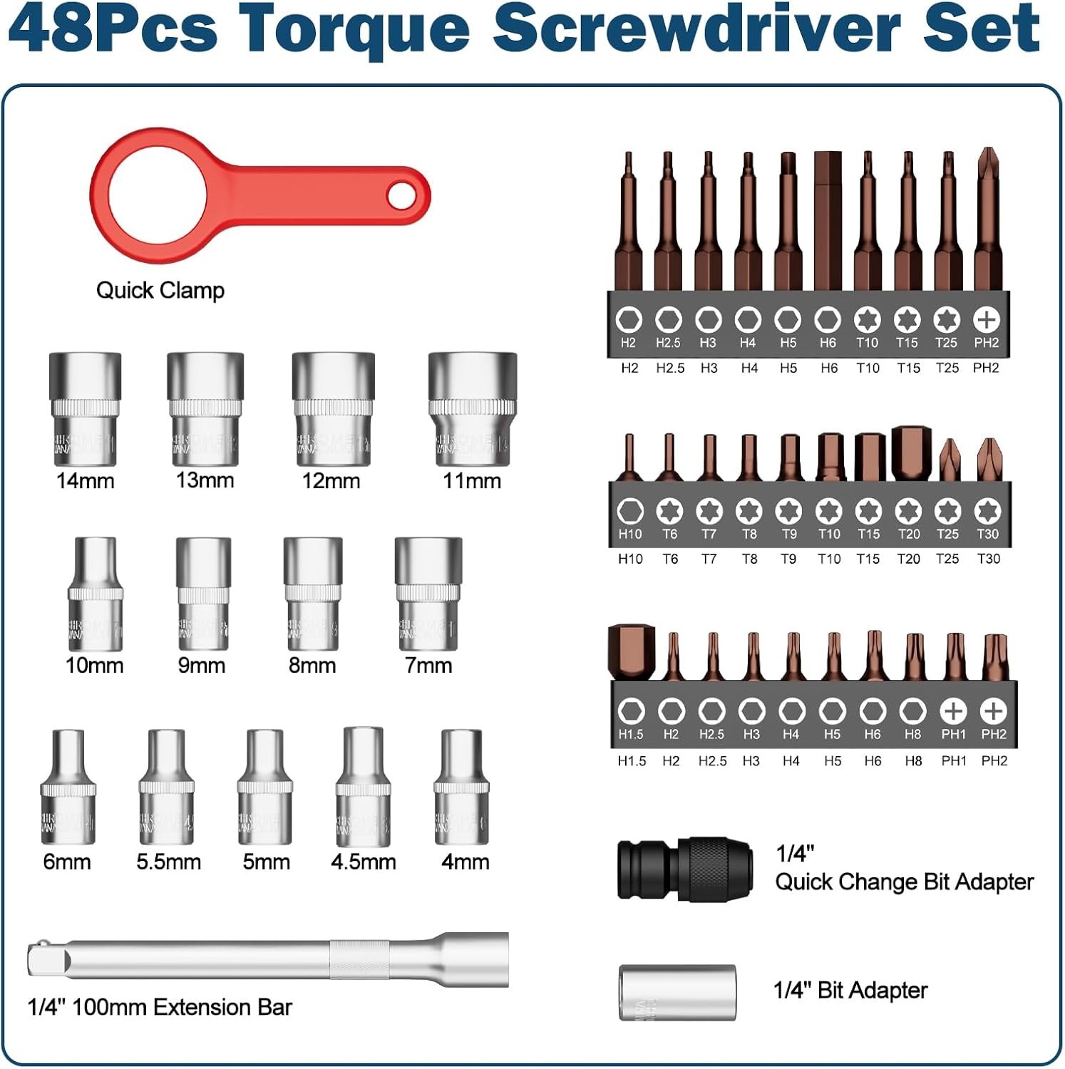 VANPO 48Pcs Torque Screwdriver Wrench Drive Set, 1/4" Drive Small Torque Wren...