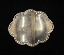 Vintage scalloped edged belt buckle rhinestone accents silver tone finish