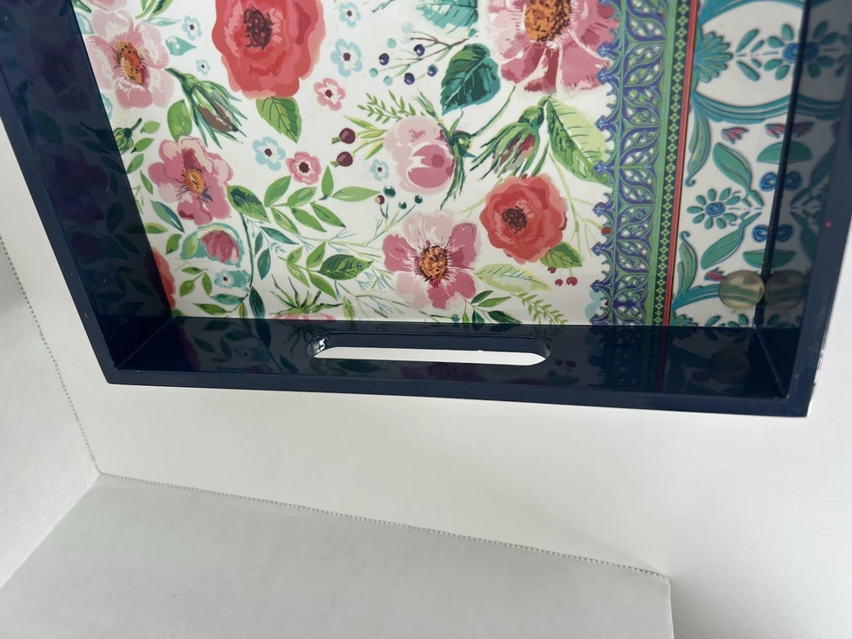 Michel Design Work Wooden Serving Vanity Tray Dark Blue Pink Flowers - Image 2 of 4