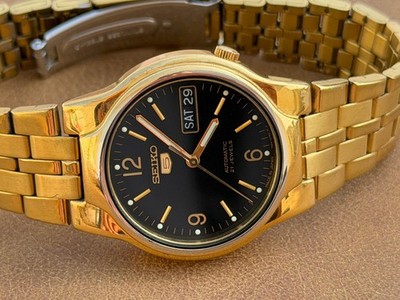 Vintage Seiko 5 Automatic 21 Jewels Men's Watch Goldplated Black Dial 7S26-02Y0