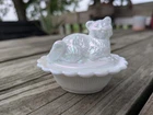 Mini Cat On Nest Salt Cellar Figurine  White  Milk Glass Irredescent