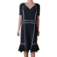 Focus Shani Ponte Dress Women’s 16 Sheath black white Flutter Ruffle Short Mini.