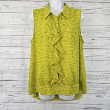 Cabi 3071 Womens Reign Blouse Sz Large Chartreuse Sleeveless Ruffle Front