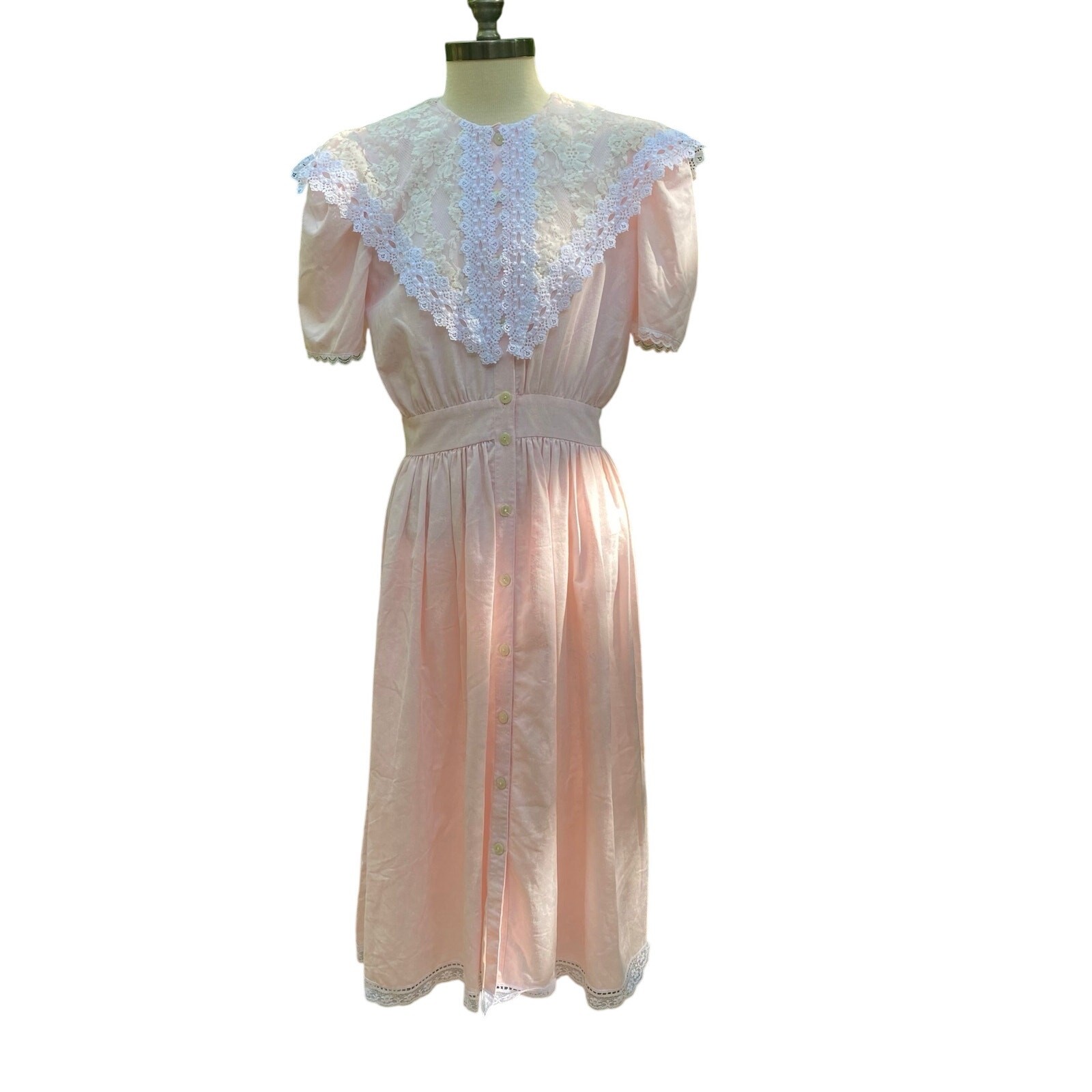 Vintage Gunne Sax Jessica McClintock Prairie Pink Bow Lace Collar Size Medium