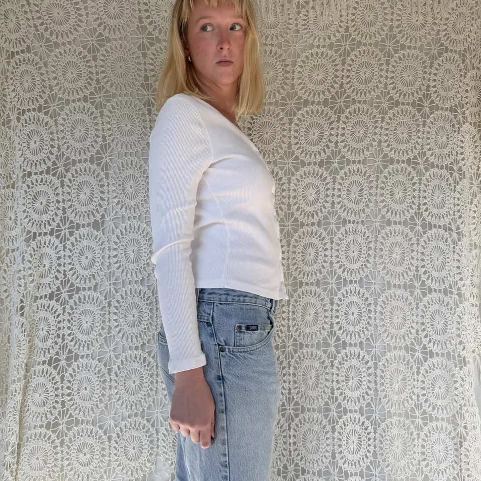 Top Route 66 Blanco Acanalado Botón Delantero Manga Larga Talla Pequeña 100% Algodón Foto 3 de 4