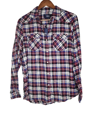 Inso Snap Front Flannel Plaid Shirt in Navy Red and White Size XL New With Tags