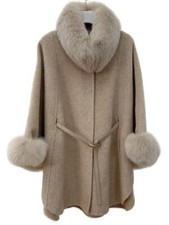 Women's Brand New Oatmeal Cashmere Wool Cape Cloak Jacket Coat Fox Fur