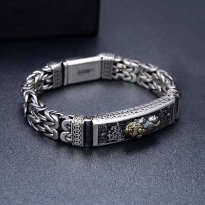 Real S925 Sterling Silver Bracelet 11mm Byzantine Pixiu Link Chain