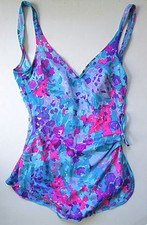 Vintage pin up 1-pc bathing swim suit aqua turquoise pink flowers boy shorts S/M
