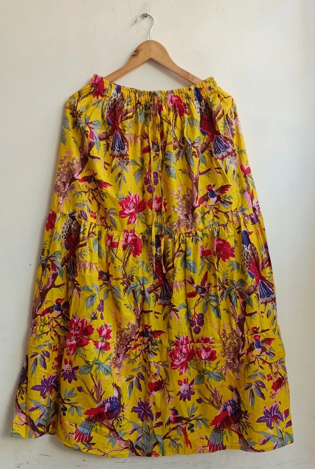 Indian Yellow Bird Frill Skirt Cotton Skirt, Long Skirt, Free Size Beach Wear AU