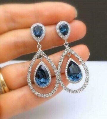 4Ct Lab Created Sapphire Drop/Dangle Halo Women Earrings 14K White Gold Finish