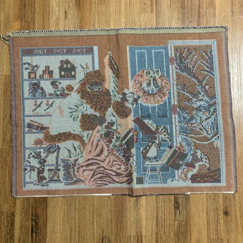 Vintage Wandteppich Stoff Weihnachten Weihnachtsmann Elfen Rentiere Geschenke Polsterung 18X14 - Bild 2 von 11