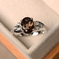 Smoky quartz ring, Moissanite ring, 925 Sterling silver ring, Engagement rings