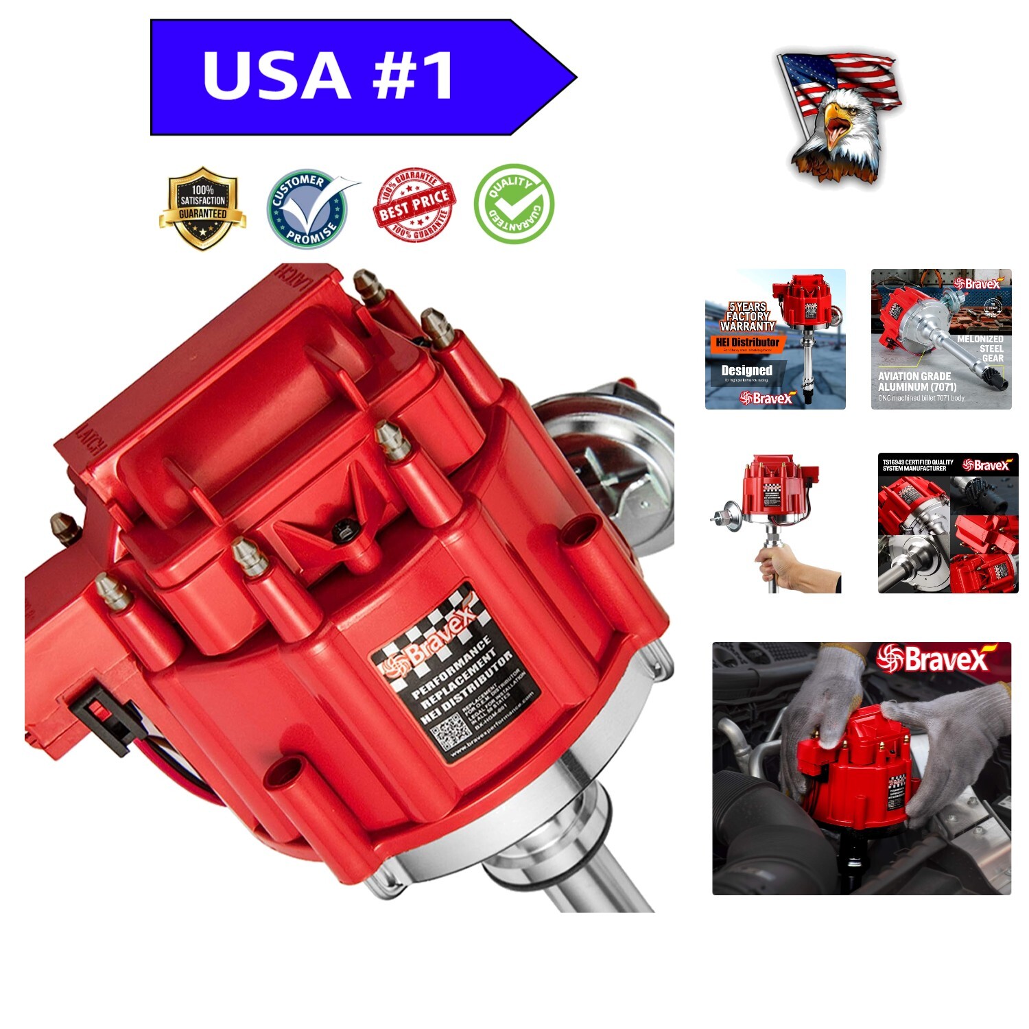 Complete HEI Distributor for Chevy GM SBC BBC Melonized Gear, Red Cap