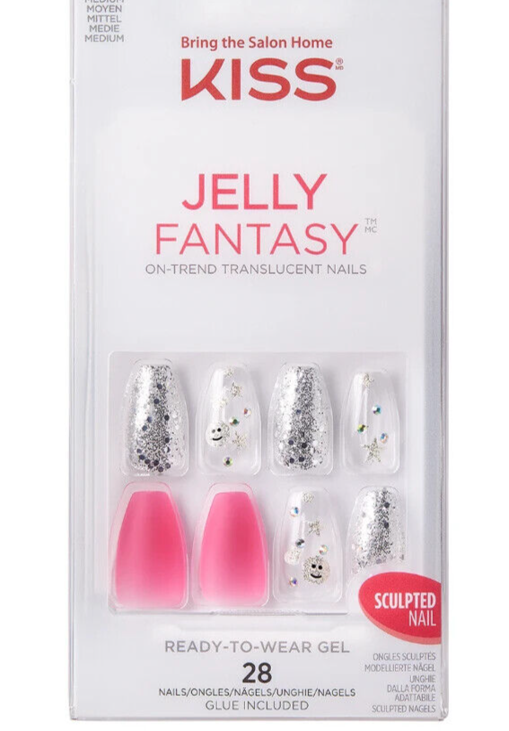 KISS JELLY FANTASY 28 Set READY TO WEAR NAILS SCULPTED MEDIUM LENGTH JELLY JAR