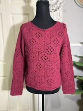 Loft small Chic Crochet Sweater in Rich Pink Cotton Blend