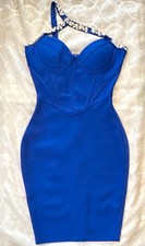 Women’s Blue Bodycon Sweetheart Rhinestone Strappy Built-In Bra Zip Dress S