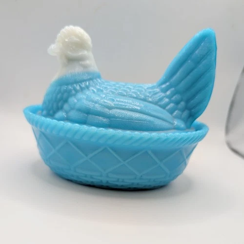 Vintage Blue with White Head Hen On Nest Blue Slag Milk Glass Dish-Westmoreland