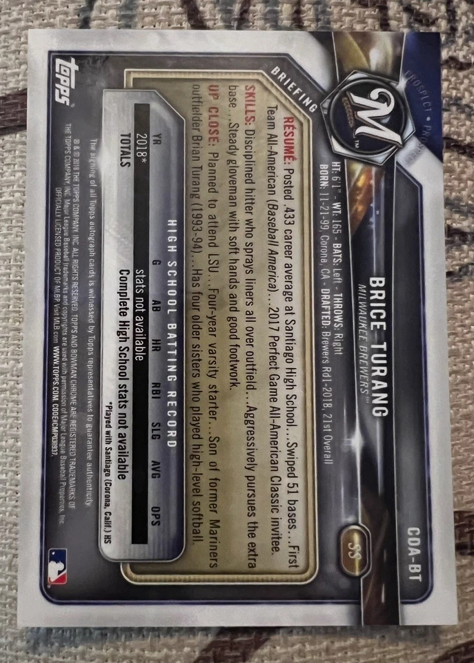 Brice Turang 2018 Bowman Draft #CDA-BT Chrome Draft Pick Autographs AU TY1 - Image 2 of 2