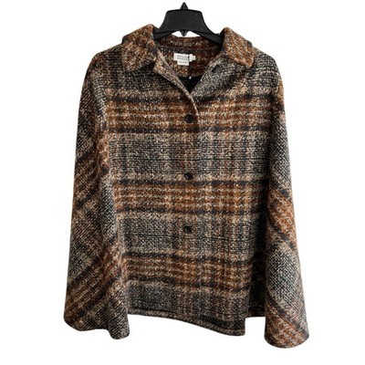 Molly Bracken Tartan Plaid Cape Coat Tan Brown Rust Button-Up Large Poncho NEW