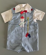 Vintage Cradle Togs Baby Boy Romper Set Blue Pinstripe Bear Fishing SZ 18-24M