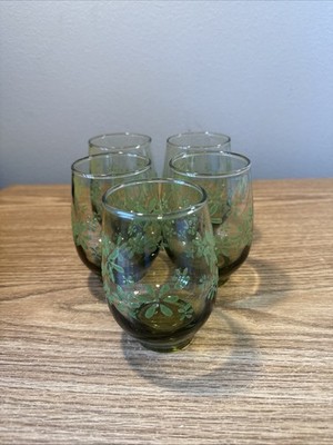 Set of 5 Retro Vintage Libbey Mint Bouquet 6-8 Oz. Beverage Juice Glass Tumblers