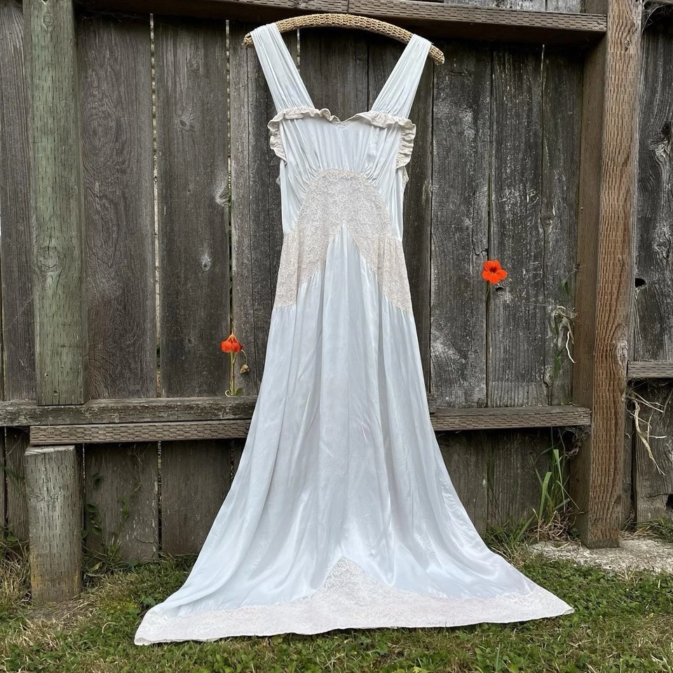 Antique 1930s Satin & Lace Slip Dress Nightgown – Baby Blue, Bias Cut, Size 38 - Image 3 of 4