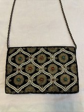 Vintage Zardozi Style Black Velvet Metallic Gemstones Clutch Purse 8 x5 Baroque
