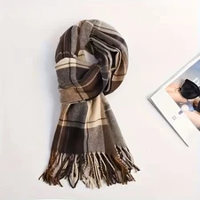 Brown Plaid Large Warm Checked Scarf Shawl Wrap Oversized Soft Winter Gift