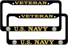 2 PCS  Black Aluminum License Plate Frames for U.S. Navy Veteran