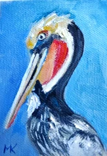 ACEO ORIGINAL oil painting - brown pelican breeding plumage 2.5x3.5 in artist MK