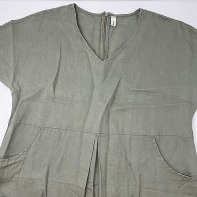 Grae Cove Green 100% Linen V-Neck Midi Dress with Pockets Womens Size Medium