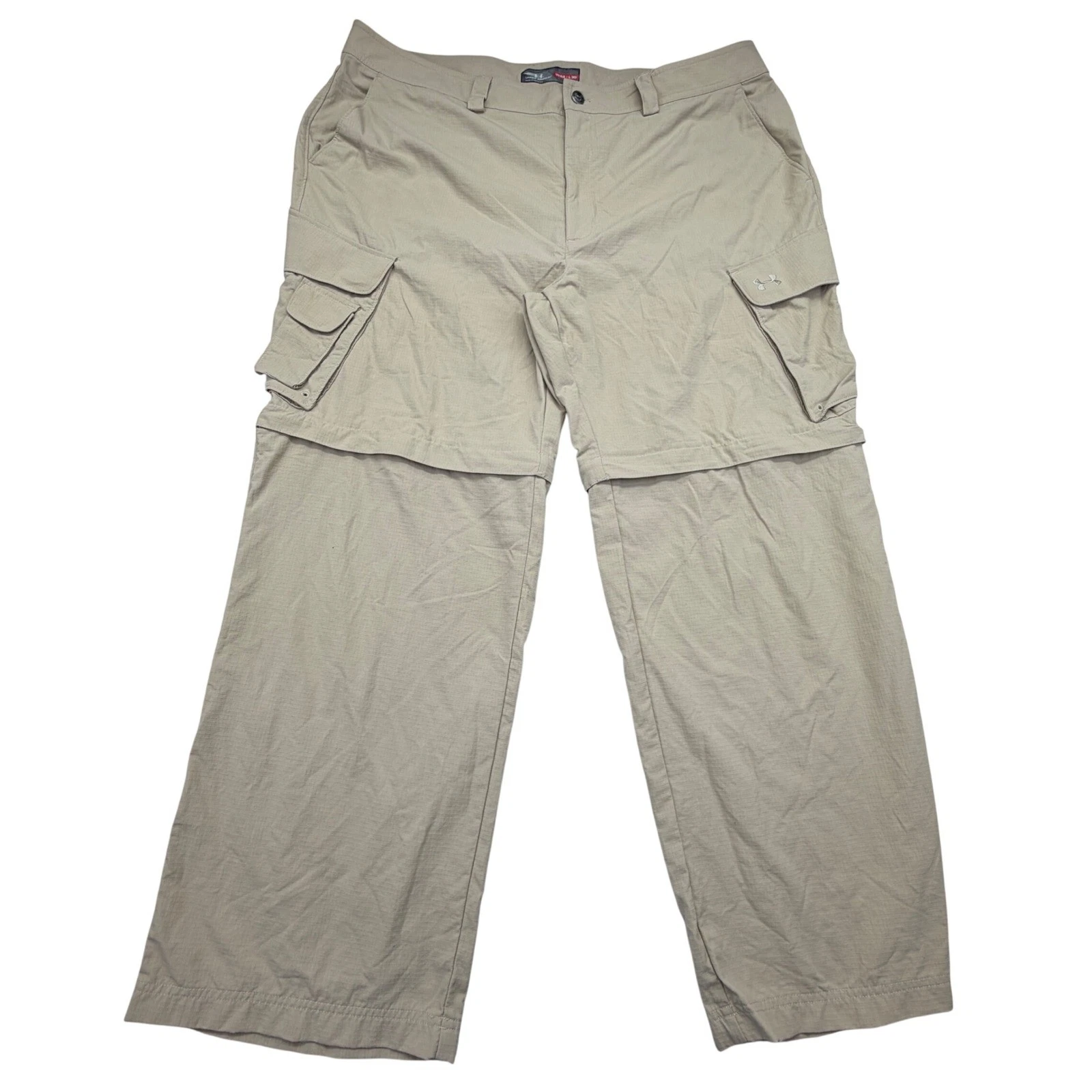 Under Armour Cargo Ripstop Pants Mens 42x30 Tan Convertible Zip Off Hiking