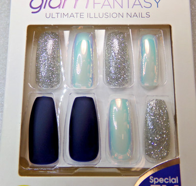Kiss Fantasy Artificial Nail Long Dark Blue with Glitter & Iridescent accents