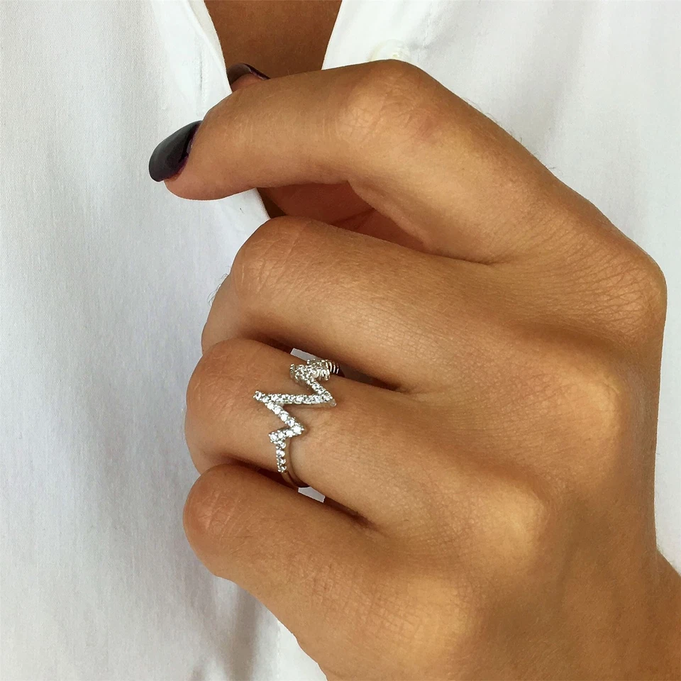 Silverly Anello Argento Sterling 925 Zirconia Cubica Zig Zag Battito Cardiaco - Immagine 3 di 4