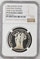 1988 AUSTRIA TALER SHOOTING FESTIVAL 1868 SILVER RESTRIKE- NGC PF69 ULTRA CAMEO