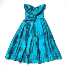 Vintage 50s Alfred Shaheen Aqua Silk Brocade Strapless Belted Hawaian Dress XS