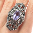 925 Sterling Silver Vintage Real Amethyst & Marcasite Oxidized Ring Size 6.75