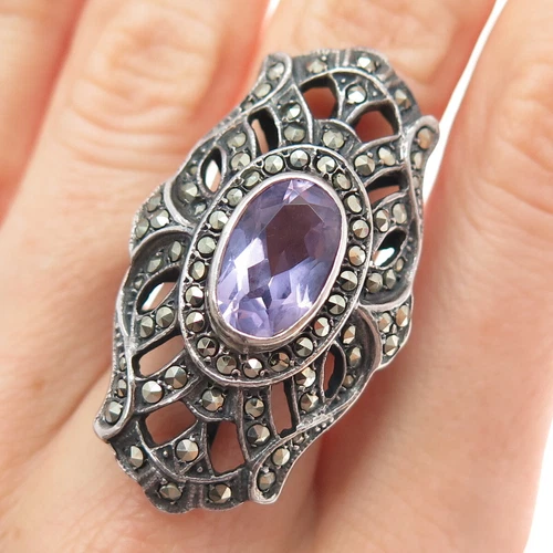 925 Sterling Silver Vintage Real Amethyst & Marcasite Oxidized Ring Size 6.75