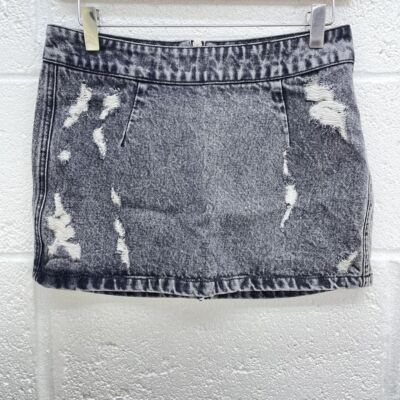 TOPSHOP GREY DENIM MINI SKIRT RIPPED DISTRESSED ACID WASH ZIP BACK Y2K UK  10 UK