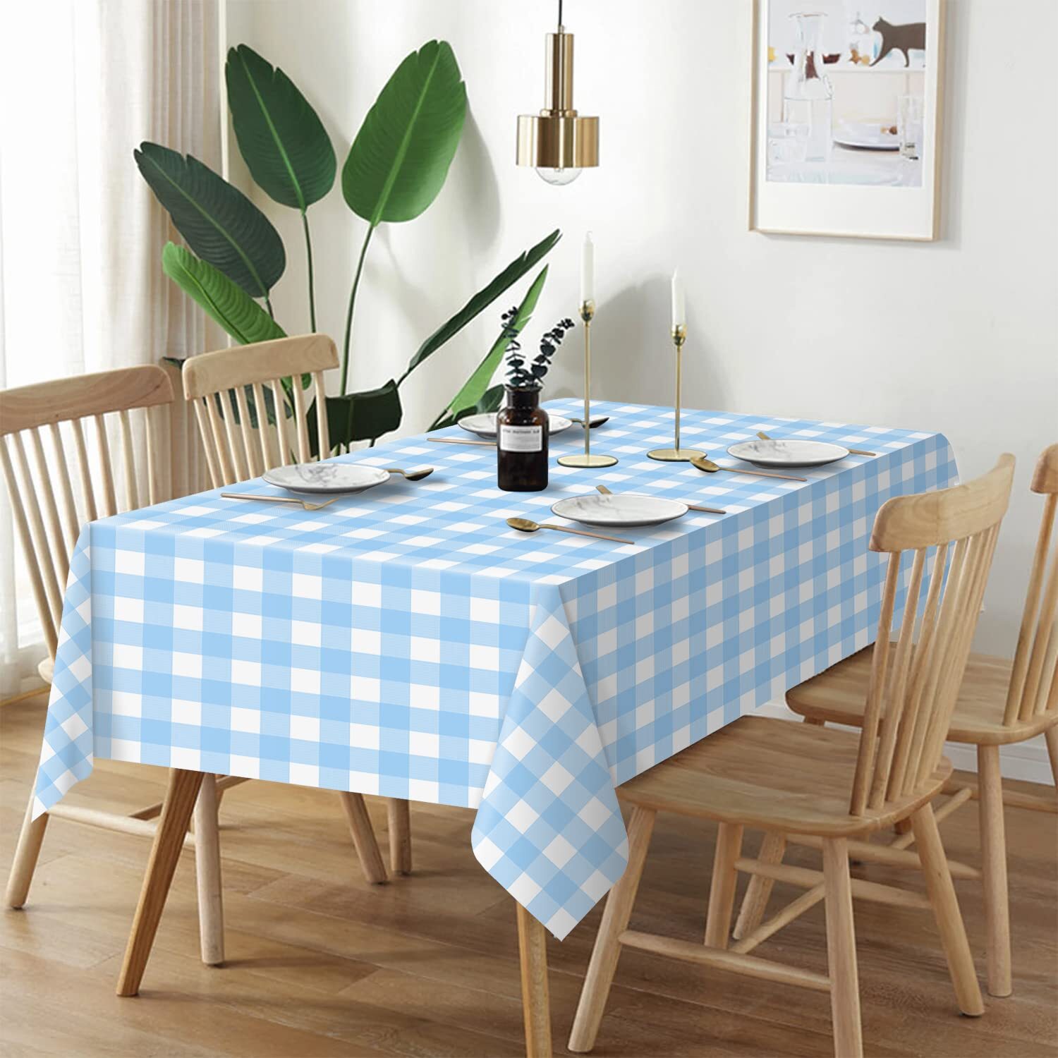 3 Pack Light Blue & White Checkered Tablecloth Rectangular Plastic Table Cover