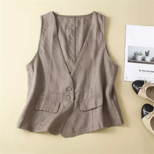 Womens Linen Blend Sleeveless Button Down Top V Neck Waistcoat Vest - Picture 14 of 24
