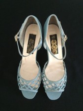 Vintage Blue Lattice Peep Toe Ankle Strap 2.5" Kitten Heel Shoes 5