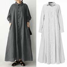 Spring Autumn Women Plus Size Casual Stripe Maxi Kaftan Ladies Long Shirt Dress