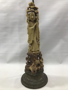 Antique Chinese Carved Soapstone Lamp Guanyin Early 20th Sculpture Statue