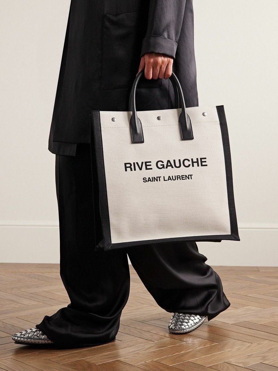 NWT Saint Laurent YSL Rive Gauche White Black Canvas Logo Leather